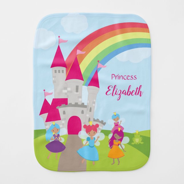 Little Girl Fairy Princess with Rainbow and Castle Baby Burp Cloth (Front)
