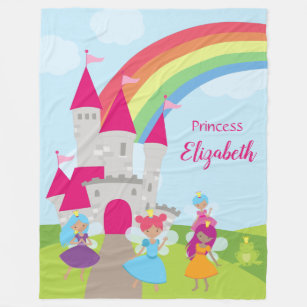 Little Girl Fairy Princess with Rainbow and Castle Fleece Blanket