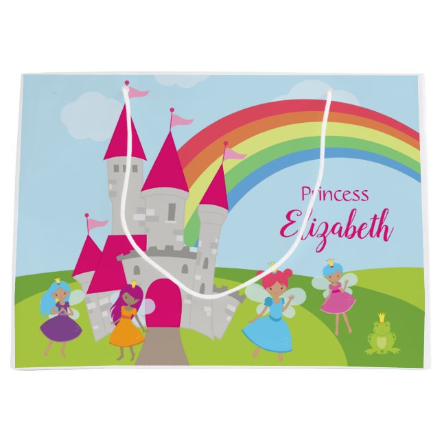 Little Girl Fairy Princess with Rainbow and Castle Large Gift Bag (Front)