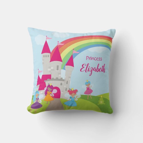 Little Girl Fairy Princess with Rainbow and Castle Throw Pillow