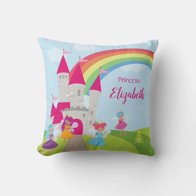 Little Girl Fairy Princess with Rainbow and Castle Throw Pillow (Front)