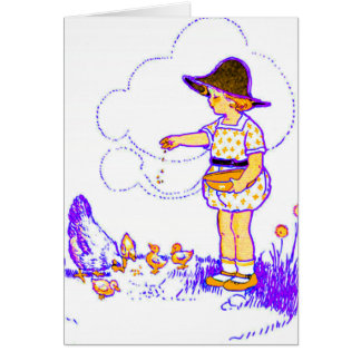 Little girl feeding her baby chicks cards