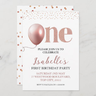 Little Girl First Birthday Rose Gold Pink Glitter Invitation