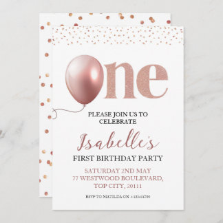 Little Girl First Birthday Rose Gold Pink Glitter Invitation