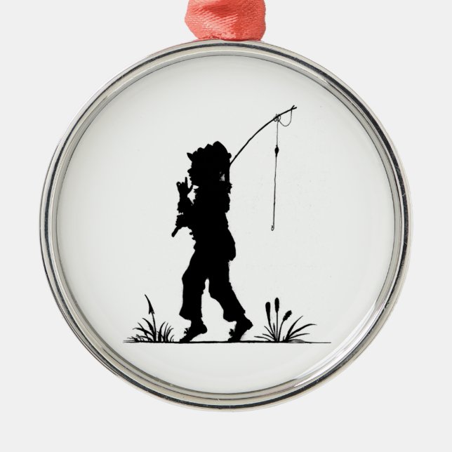 Little Girl Fishing Silhouette Metal Ornament (Front)