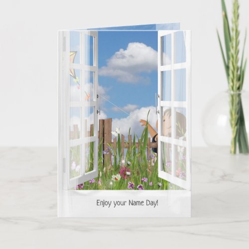 Little girl flying a kite in window view Name Day Card