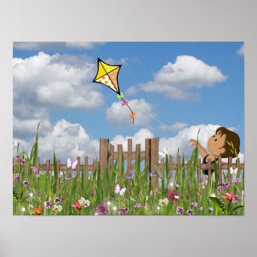 Little Girl Flying A Kite Poster
