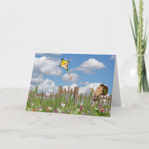 little girl flying kite in summer garden card