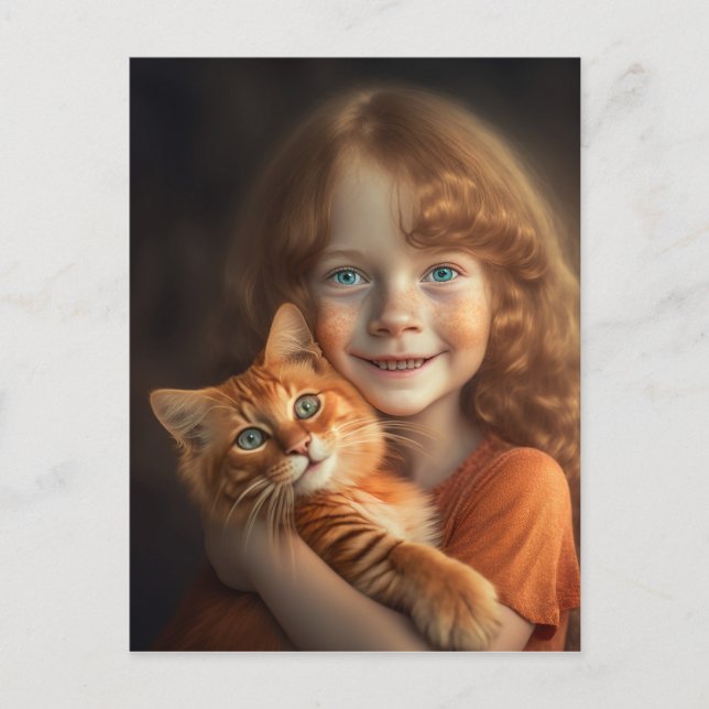 LITTLE GIRL & GINGER CAT POSTCARD  (Front)