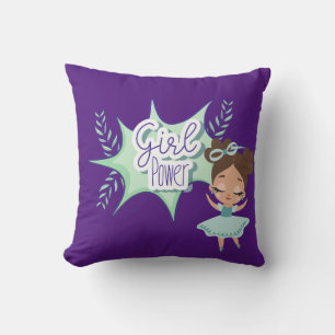 Little girl, girl power, green and purple throw pillow