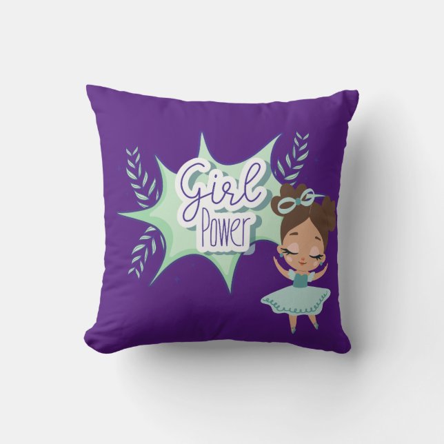 Little girl, girl power, green and purple throw pillow (Front)