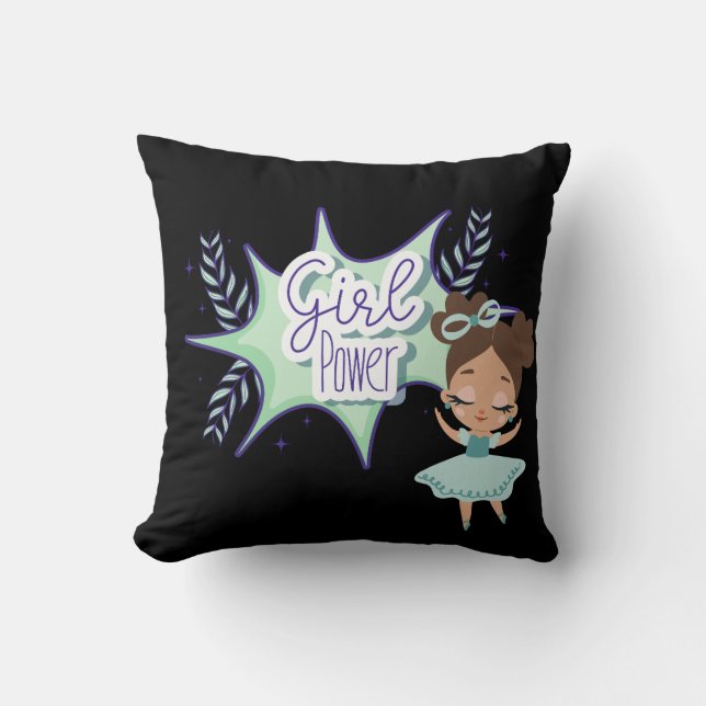 Little girl, girl power green & black throw pillow (Front)