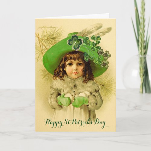 Little GirlGreen HatShamrocksSt Patricks Day Holiday Card
