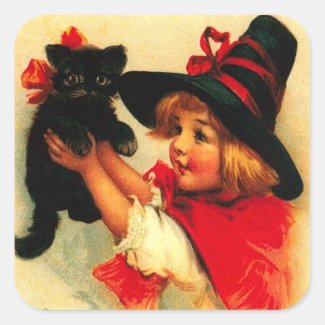 Little Girl & Her Black Cat Square Sticker