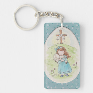 Little Girl Holding a Lamb Easter Morning Keychain
