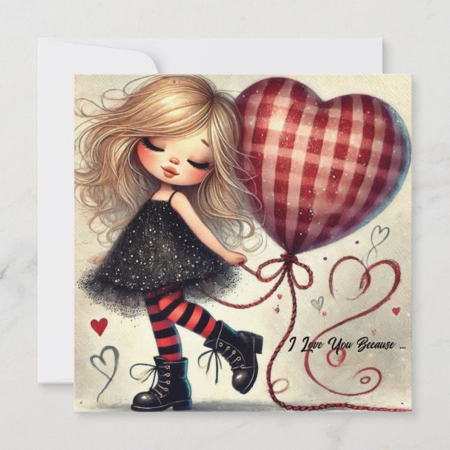 Little girl holding basket red glitter hearts holiday card (Front)