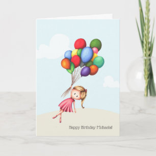 Little Girl holding Big Balloons Birthday Card