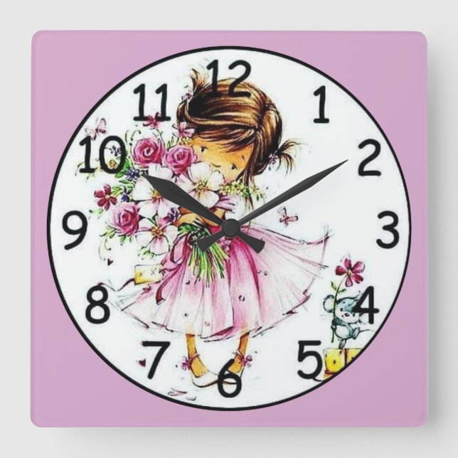 Little Girl Holding Flowers Fine Art Square Wall Clock (Front)