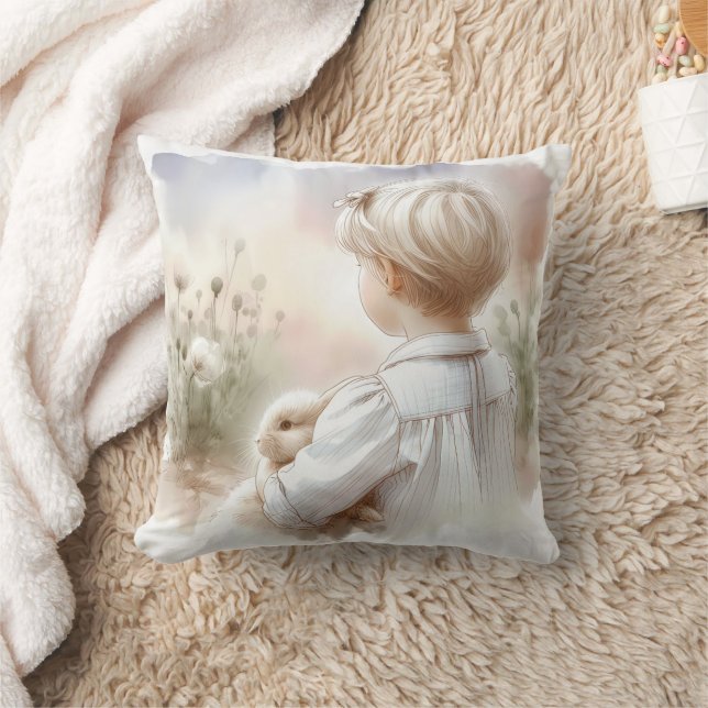 Little Girl Holding Her Pet Bunny Throw Pillow (Blanket)