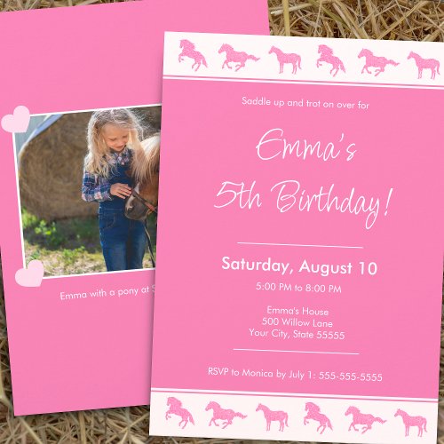 Little Girl Horse Lover Pink Photo Birthday Party Invitation