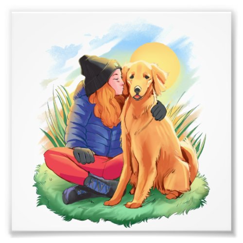 little girl hugging a cute Golden retriever Photo Print