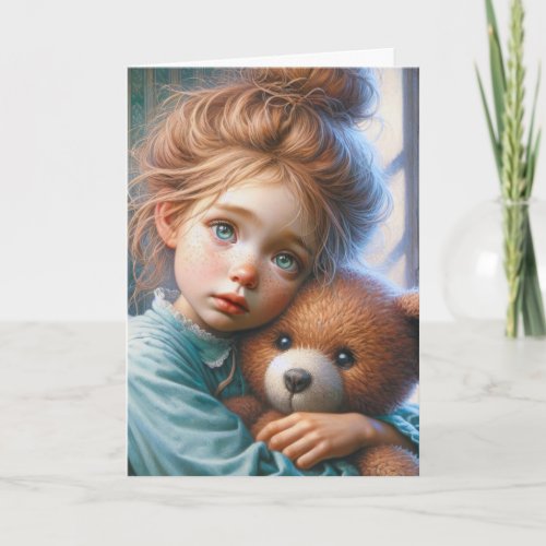 Little Girl Hugging A Teddy Bear Card
