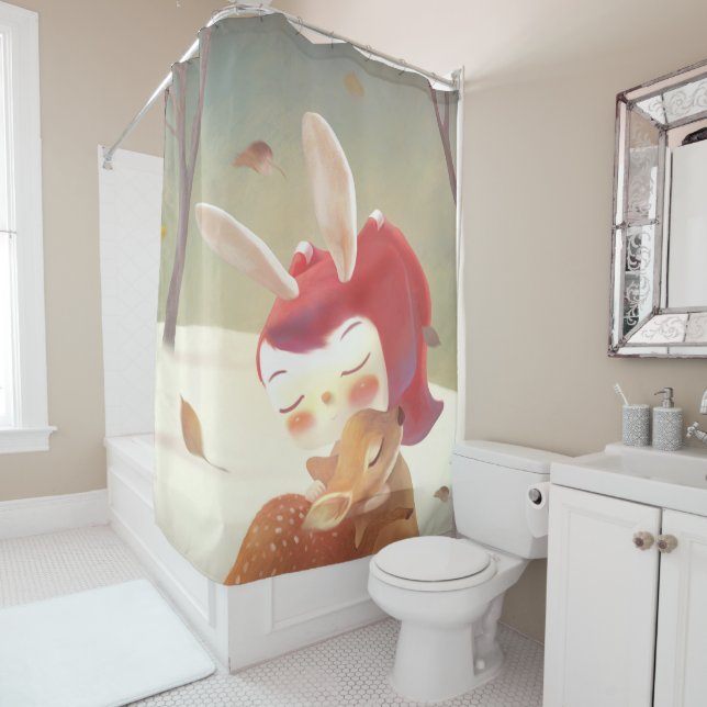 Little Girl Hugging Deer Shower Curtain (In Situ)