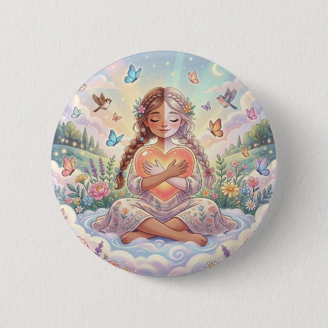 Little Girl Hugging Peaceful Heart Button (Front)