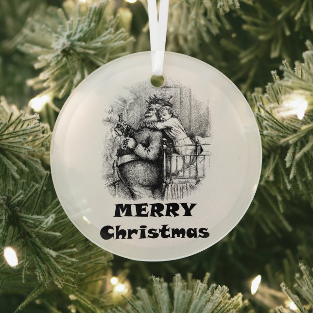 Little girl Hugging Santa Claus Christmas Art Glass Ornament (Insitu)