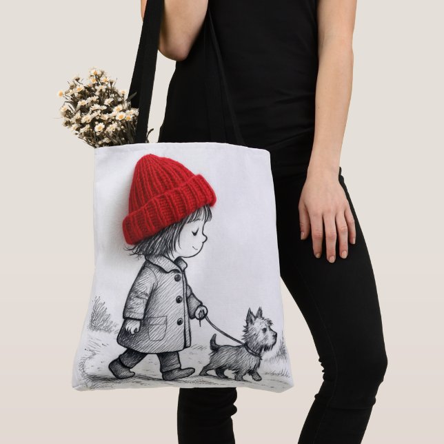Little Girl In 3-D Red Hat Walking Her Dog Tote Bag (Close Up)