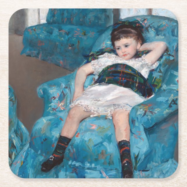 Little Girl in a Blue Armchair, Cassatt Square Paper Coaster (Front)