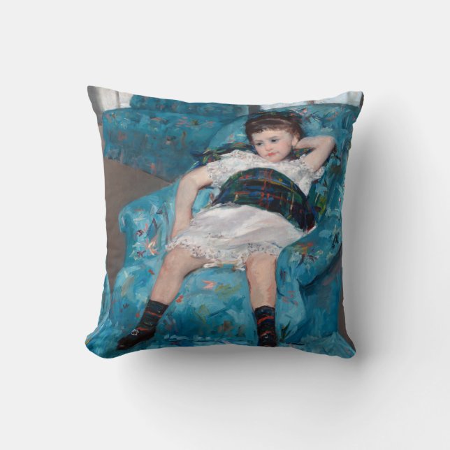 Little Girl in a Blue Armchair, Cassatt Throw Pillow (Front)