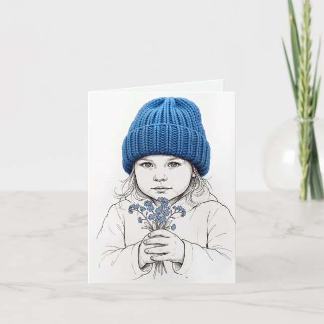 Little Girl In a Blue Knit Hat Thank You Card (Front)
