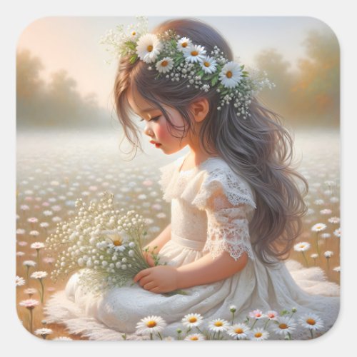 Little Girl In A Daisy Field Square Sticker