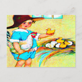 Little girl in a floppy hat with hatching chicks, postcard