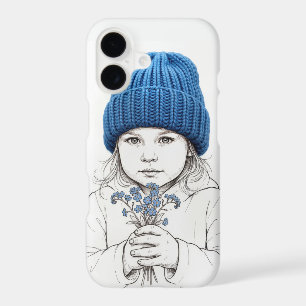 Little Girl In Blue Hat and Forget-me-not Flowers iPhone 17 Case