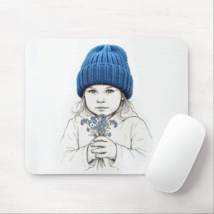 Little Girl In Blue Hat with Forget-me-not Flowers Mouse Pad
