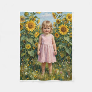 Little Girl In Bright Sunflower Field Fleece Blank Blanket