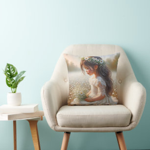 Little Girl In Daisy Field Throw Pillow