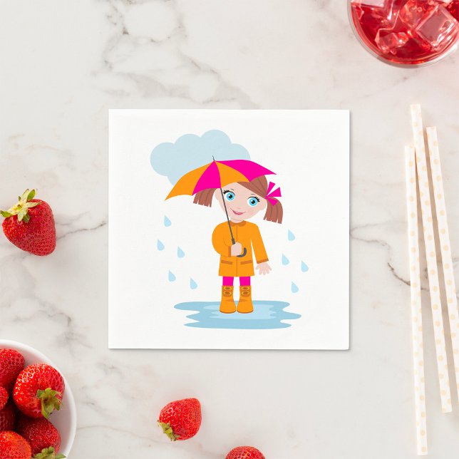 Little Girl in Orange Raincoat with Pink Umbrella Napkins (Creator Uploaded)