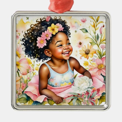 Little Girl in Pink Flowers Christmas Metal Ornament