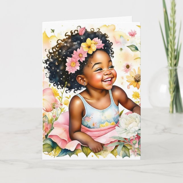 Little Girl in Pink Flowers Personalized Birthday Card (Front)