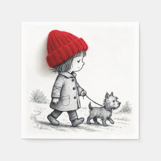 Little Girl In Red Hat Walking Her Dog Napkins (Front)