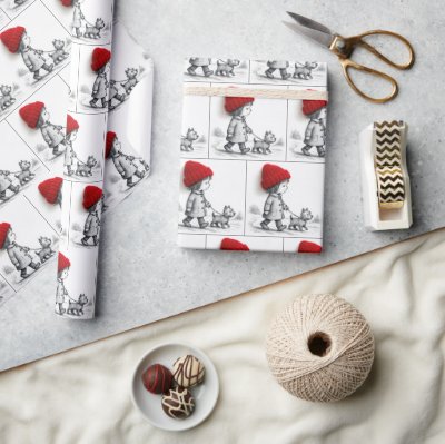 Little Girl In Red Hat Walking Her Dog Wrapping Paper