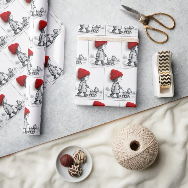 Little Girl In Red Hat Walking Her Dog Wrapping Paper (Crafts)