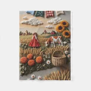 Little Girl In Rural Farm Field Chickens And Pumpk Fleece Blanket