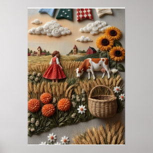 Little Girl In Rural Farm Field Chickens And Pumpk Poster