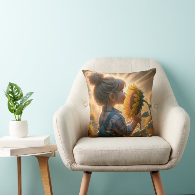 Little Girl In Sunflower Glow Throw Pillow (Chair)