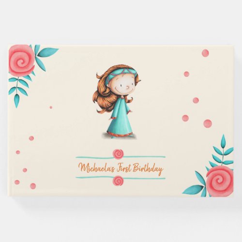 Little Girl in Teal Dress Floral First Birthday Guest Book