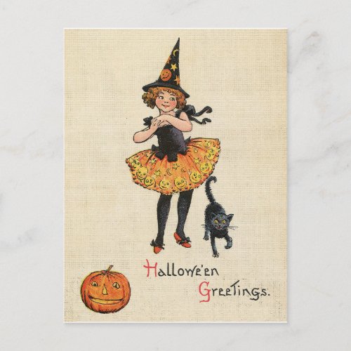 Little girl in witch Halloween costume black cat Postcard